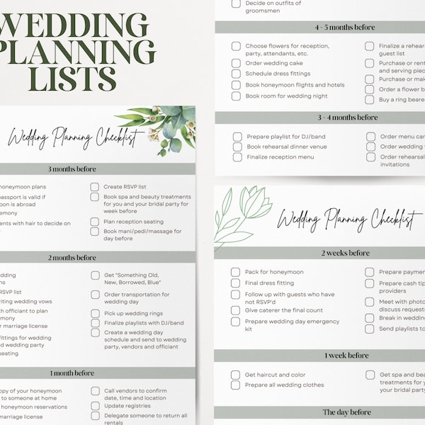 Printable Wedding Planner, Simple Wedding Planner Checklists .  Printable Wedding Checklist, PDF, A5 A4 US Letter Size