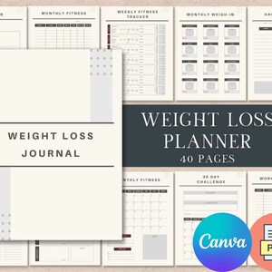 Weight Loss Tracker , Weight Loss Journal Customizable in Canva , Printable Weight Tracker , Fitness Planner, Editable, Print Ready PDF