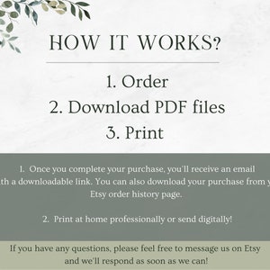 May include: A green and white graphic with the text "HOW IT WORKS?" and a list of steps: 1. Order, 2. Download PDF files, 3. Print. The graphic also includes instructions on how to download and print the files.