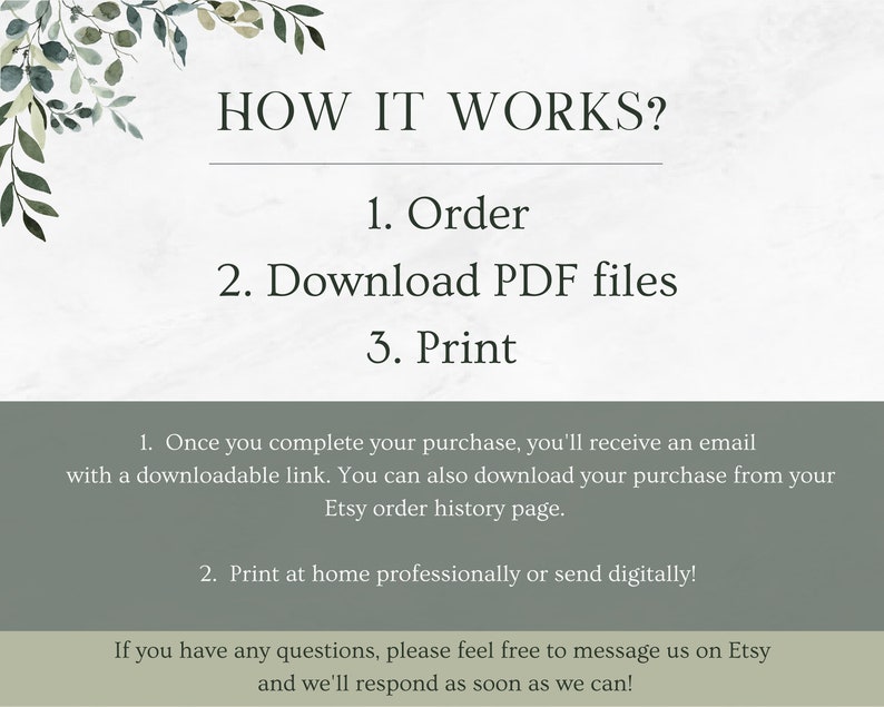 May include: A green and white graphic with the text "HOW IT WORKS?" and a list of steps: 1. Order, 2. Download PDF files, 3. Print. The graphic also includes instructions on how to download and print the files.
