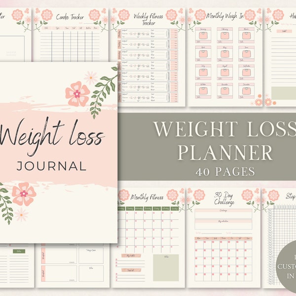 Weight Loss Tracker , Printable Weight Loss Journal, Fitness Planner, Editable in Canva, 40 Pages. Ready to Print PDF Included