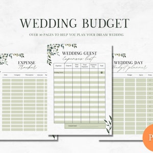 May include: A printable wedding budget planner with three sections: Expense Tracker, Wedding Guest Expenses List, and Wedding Day Budget Planner. Each section has a table with columns for date, category, description, amount, deposit, final payment, payment due, and paid. The planner has a green and white floral design.
