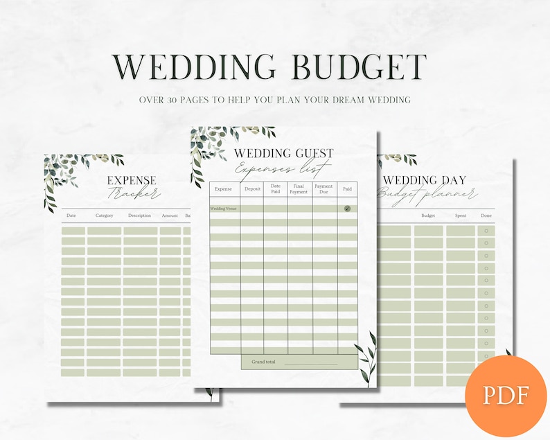 May include: A printable wedding budget planner with three sections: Expense Tracker, Wedding Guest Expenses List, and Wedding Day Budget Planner. Each section has a table with columns for date, category, description, amount, deposit, final payment, payment due, and paid. The planner has a green and white floral design.