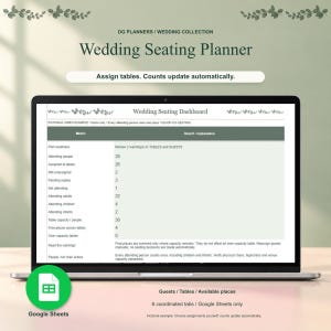 Könnte beinhalten: Ein Laptop-Bildschirm zeigt ein digitales Hochzeits-Sitzplan-Dashboard in Google Sheets. Die Benutzeroberfläche enthält eine Tabelle mit Metriken für anwesende Personen, Tischzuweisungen und Kapazitäten sowie den Text DG PLANNERS.
