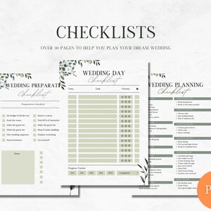 May include: A printable wedding checklist with a green floral design. The checklist includes sections for wedding preparation, wedding day, and wedding planning. The checklist is divided into tasks, priority, and progress tracker.