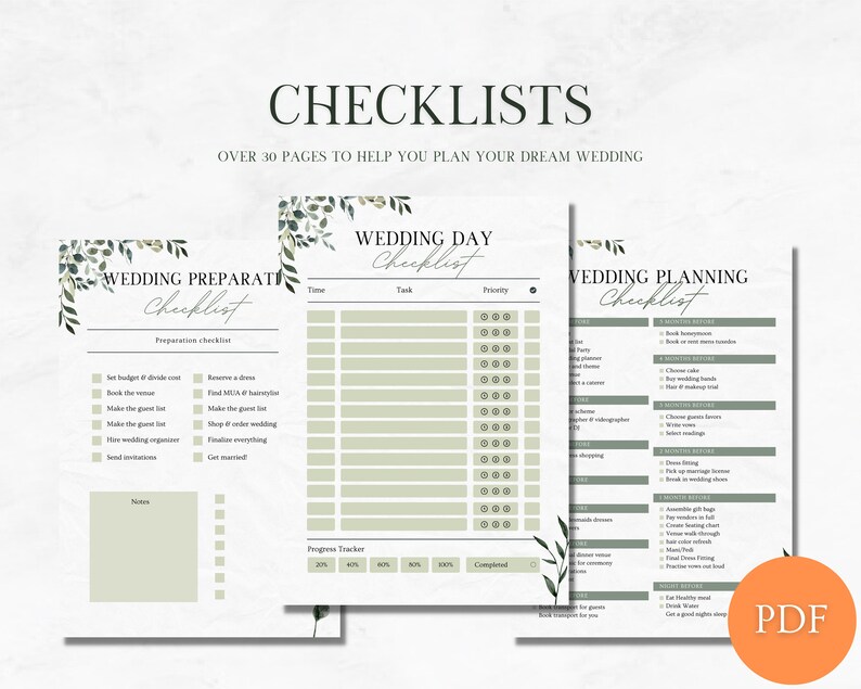 May include: A printable wedding checklist with a green floral design. The checklist includes sections for wedding preparation, wedding day, and wedding planning. The checklist is divided into tasks, priority, and progress tracker.