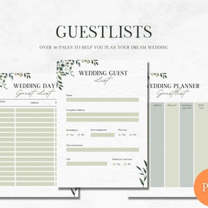 May include: Three printable wedding guest list templates with a green leafy design. The templates include sections for name, address, phone number, RSVP, and attendance.
