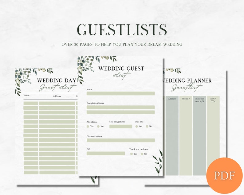 May include: Three printable wedding guest list templates with a green leafy design. The templates include sections for name, address, phone number, RSVP, and attendance.