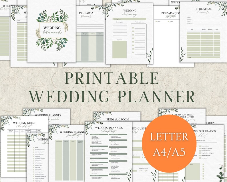 May include: Printable wedding planner with a green floral design. The planner includes checklists, guest lists, and other helpful information for planning a wedding. The text "Printable Wedding Planner" is displayed in large, bold letters.