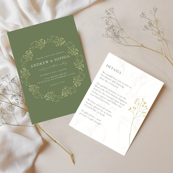 Wedding Invitation, Flower Wedding Invitation, Baby's Breath Wedding Invite Template, Wedding Invite Printable Editable Invite,Canva
