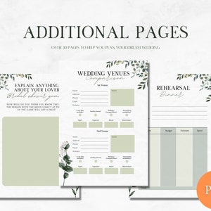 May include: Printable wedding planning pages with a green floral design. The pages include sections for wedding venue comparison, rehearsal dinner planning, and a bridal shower game.