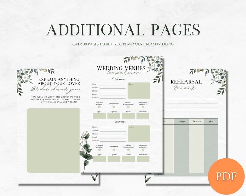 May include: Printable wedding planning pages with a green floral design. The pages include sections for wedding venue comparison, rehearsal dinner planning, and a bridal shower game.