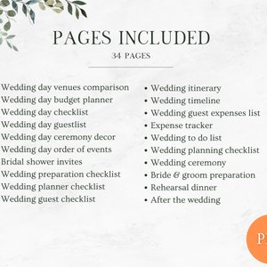 May include: A printable wedding planning checklist with 34 pages. The checklist includes items like wedding day venues comparison, wedding day budget planner, wedding day checklist, wedding day guestlist, wedding day ceremony decor, wedding day order of events, bridal shower invites, wedding preparation checklist, wedding planner checklist, wedding guest checklist, wedding itinerary, wedding timeline, wedding guest expenses list, expense tracker, wedding to do list, wedding planning checklist, wedding ceremony, bride & groom preparation, rehearsal dinner, and after the wedding.