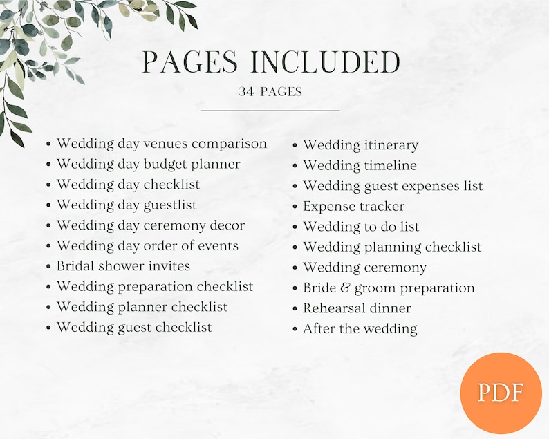 May include: A printable wedding planning checklist with 34 pages. The checklist includes items like wedding day venues comparison, wedding day budget planner, wedding day checklist, wedding day guestlist, wedding day ceremony decor, wedding day order of events, bridal shower invites, wedding preparation checklist, wedding planner checklist, wedding guest checklist, wedding itinerary, wedding timeline, wedding guest expenses list, expense tracker, wedding to do list, wedding planning checklist, wedding ceremony, bride & groom preparation, rehearsal dinner, and after the wedding.
