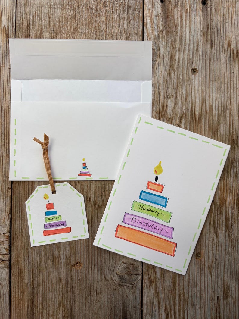 Hand Painted Watercolor Birthday Card With Gift Tag - Etsy