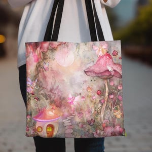 Fairy Tote Bag, Canvas Tote with Fairyland Scene, Fairies House and Path, Fairies, Childrens Bag, Cute Fairy Gift, Fantasy Shoulder Bag,