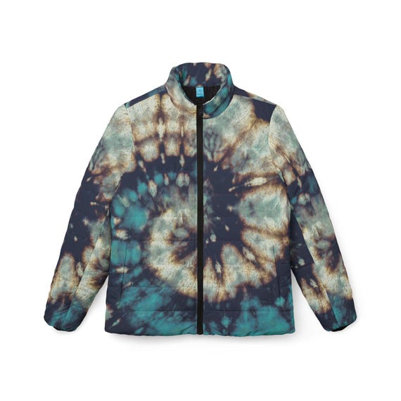 Blue Tie Dye Puffer Jacket: Retro Women's Winter Coat, Lightweight