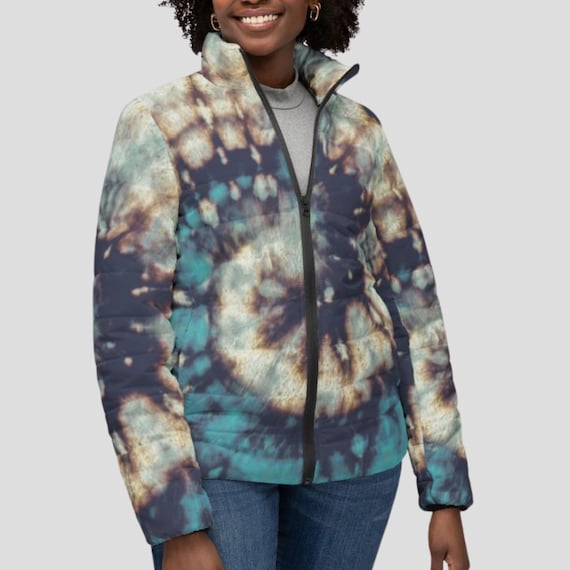 Blue Tie Dye Women's Puffer Jacket, Retro Fashion Tie Dye Design