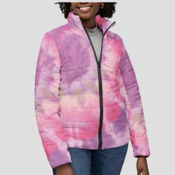 Pink Tie Dye Puffer Jacket, Womens Lightweight Coat, Warm