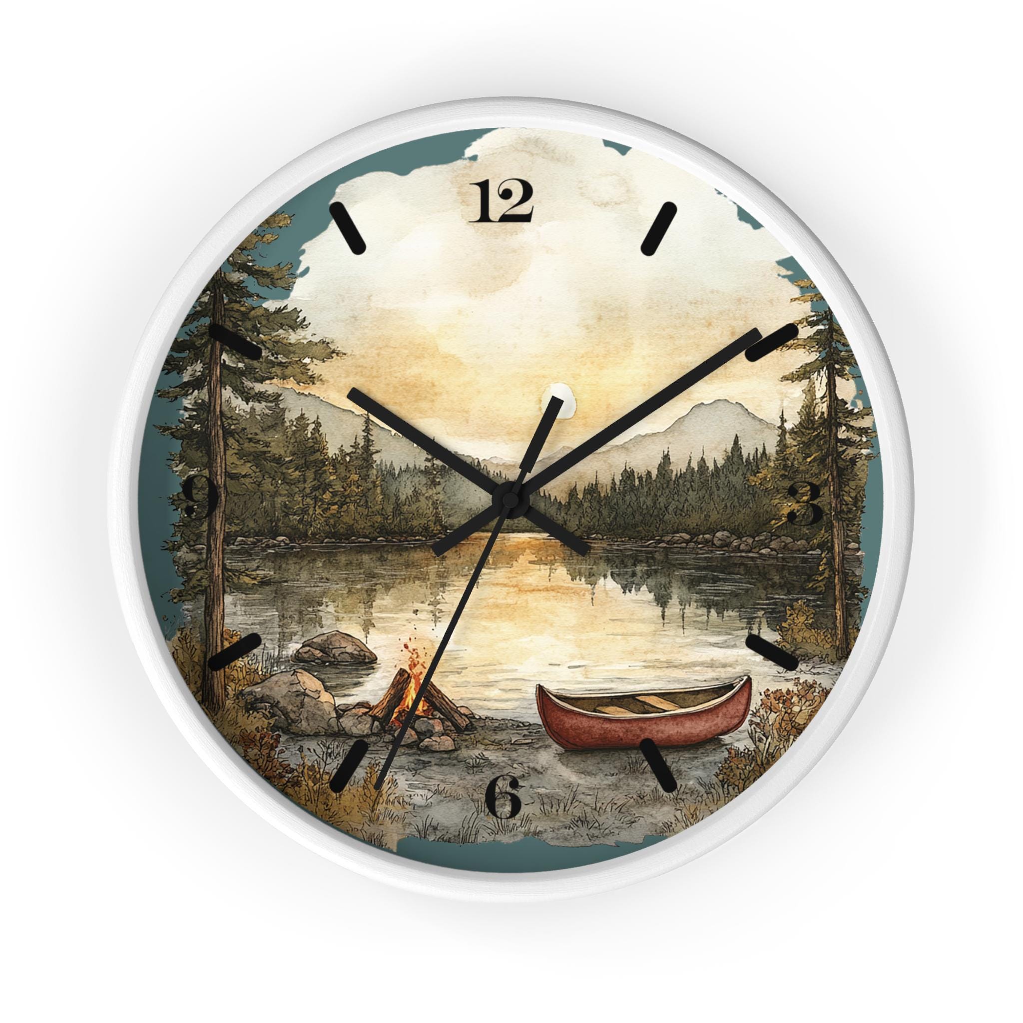 Scenic Watercolor Cabin Clock | Campfire Canoe Mountain Lake Wall Clock ...