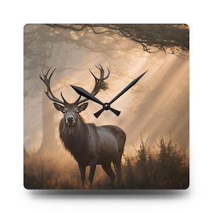 May include: A clock with a red deer standing in a foggy forest with sunbeams shining through the trees. The clock hands are black.