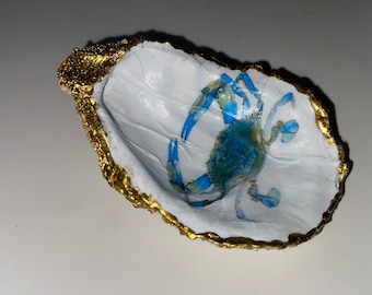 Oyster shell decoupage blue jewelry/trinket dish/paperweight
