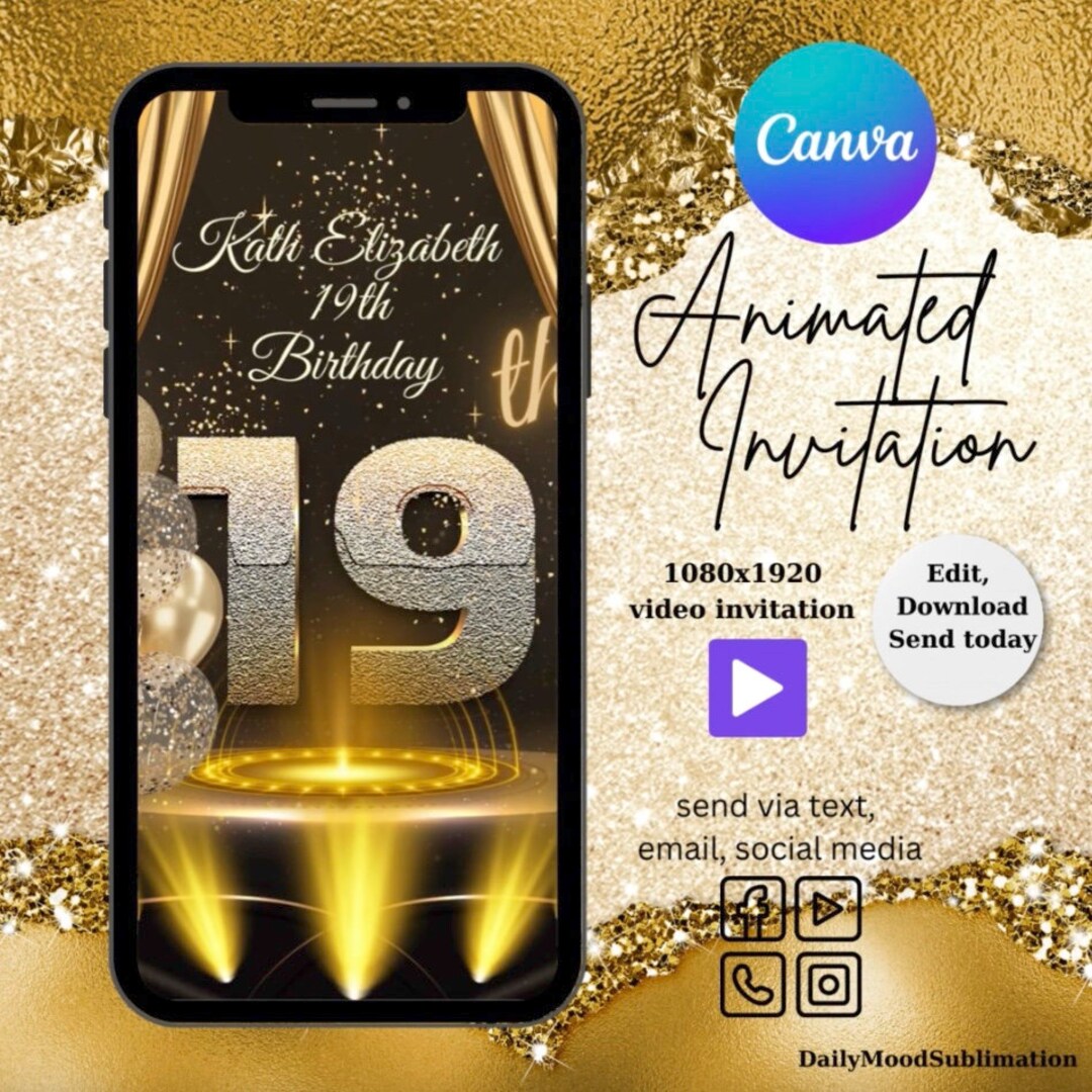 Digital 19th Birthday Invitation, Electronic 19th Birthday Evite, Gold ...