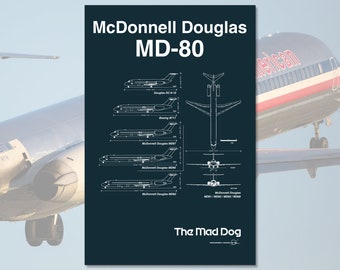 Airplane Blueprint Art - McDonnell Douglas MD-80 - Commercial Jet Airplane Art - Airplane Decor - Vintage Airliner - Classic Airplane Poster