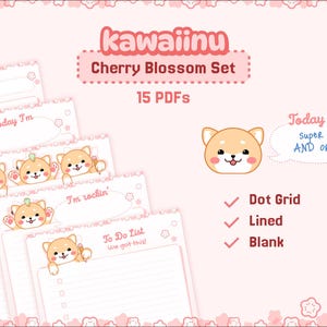 Papelería bonita: 15 archivos PDF: en blanco, con líneas y cuadrícula de puntos, tamaño carta, A4, perrito kawaii, flor de cerezo Shiba Inu