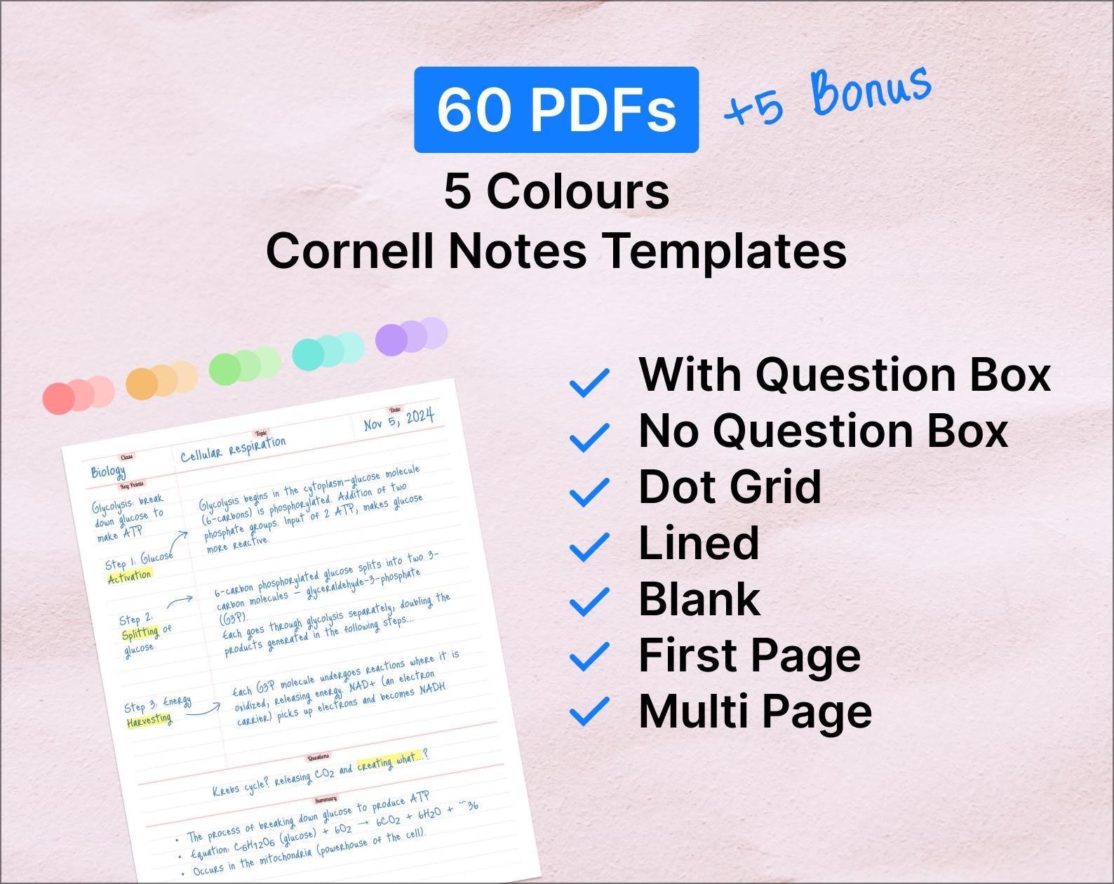 Cornell Method Color Coding Color Guide Printable Cornell Notes Template - 60pdfs + 5 Bonus - 5 Pastel Colors ...