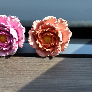 May include: Two artificial flower air fresheners, one pink and one peach, are attached to a car's air vent.