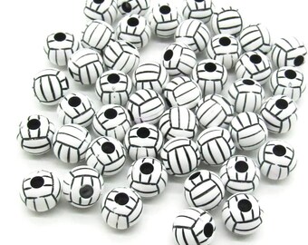 12mm Resin Gumball Volleyball Print  Beads  -  Chunky Necklaces - Set of 10 - White