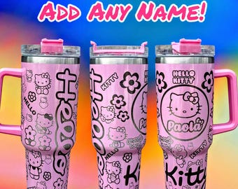 KITTY HELLO V1 Tumbler Cup Permanent Laser Engraved Large 40oz With Handle Lid and Straw Add Any Name (OPTIONAL)