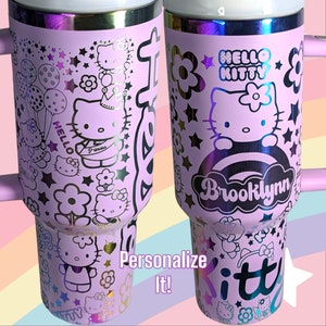 KITTY HELLO PERSONALIZED Rainbow Cloud themed  laser engraved  40oz stainless steel Tumbler with handle, lid Multiple colors available