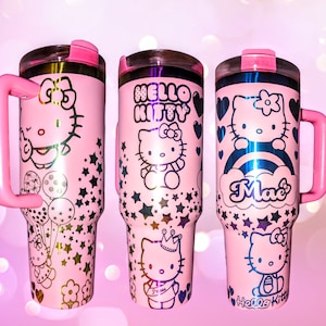 BIG KITTY HELLO Tumbler Cup Permanent Laser Engraved Large 40oz With Handle Lid and Straw Add Any Name (Optional)