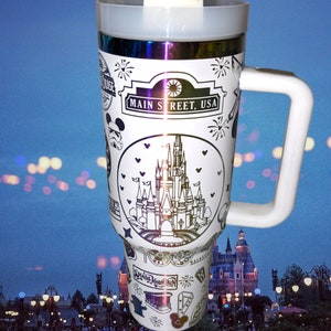 MAGICAL Theme Park Vacation themed 40oz TUMBLER with handle, straw and lid LASER Engraved in White Chroma Rainbow Can be Personalized!