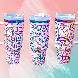 KITTY HELLO CLOUD Tumbler Cup Permanent Laser Engraved Large 40oz  With Handle Lid and Straw Add Any Name (Optional)
