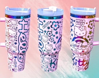 KITTY HELLO CLOUD Tumbler Cup Permanent Laser Engraved Large 40oz  With Handle Lid and Straw Add Any Name (Optional)