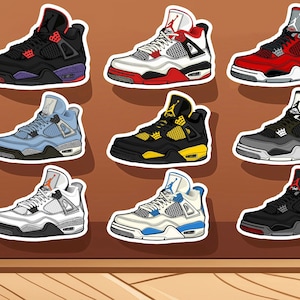 Pack de pegatinas Nike Air Jordan Retro 4 personalizadas de caña alta OG en los colores: Bred, Rojo Fuego, Toro, Azul Militar, Trueno, Miedo, Raptors l, Cemento Blanco