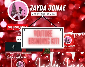 May include: A red and white YouTube branding kit with a Christmas theme. The kit includes a banner with the text "Jayda Jonae Merry Christmas Beauty Travel Vlogs", a logo with the text "Jayda Jonae", and a subscribe button. The kit also includes a YouTube intro screen with the text "YouTube Branding Kit!" and a thank you screen with the text "Thanks for watching".