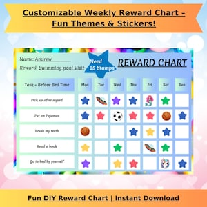 Personalisierte wöchentliche Belohnungstabelle | Druckbare DIY Kinder Routine Diagramm | 5 Farbthemen | Lustige Aufkleber & Zielverfolgung | Strickplan für Kleinkinder