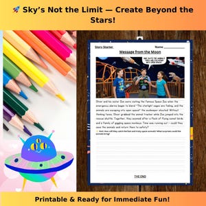 Space Adventure Story Starters for Kids, Printable Creative Picture Writing Prompts, Galaxy Tales,  Grade 2 Writing Activities
