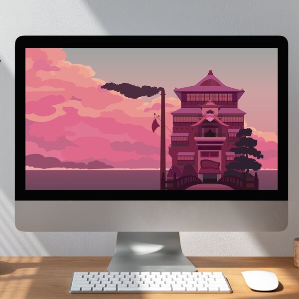 WALLPAPER: Japanese Anime Sunset Bathhouse |Instant Digital Download|Vector Art |Kawaii Computer, Laptop, Screensaver, Background