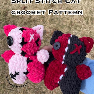 May include: Two crocheted cat toys, one pink and black, the other red and black, with a split stitch design. The toys have button eyes and are made with a fuzzy yarn.