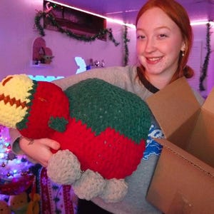 May include: A person holding a large crocheted stuffed toy shaped like a strawberry. The toy is red and green with a yellow and brown top. The person is smiling and holding a cardboard box.