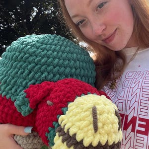May include: A crocheted plush toy with a green, red, yellow, and brown color scheme. The toy has a round body and a face with a yellow nose and brown eyes.