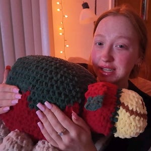 May include: A person is holding a crocheted stuffed animal that is green, red, and yellow. The stuffed animal is shaped like a turtle.