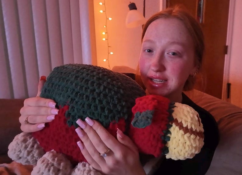 May include: A person is holding a crocheted stuffed animal that is green, red, and yellow. The stuffed animal is shaped like a turtle.