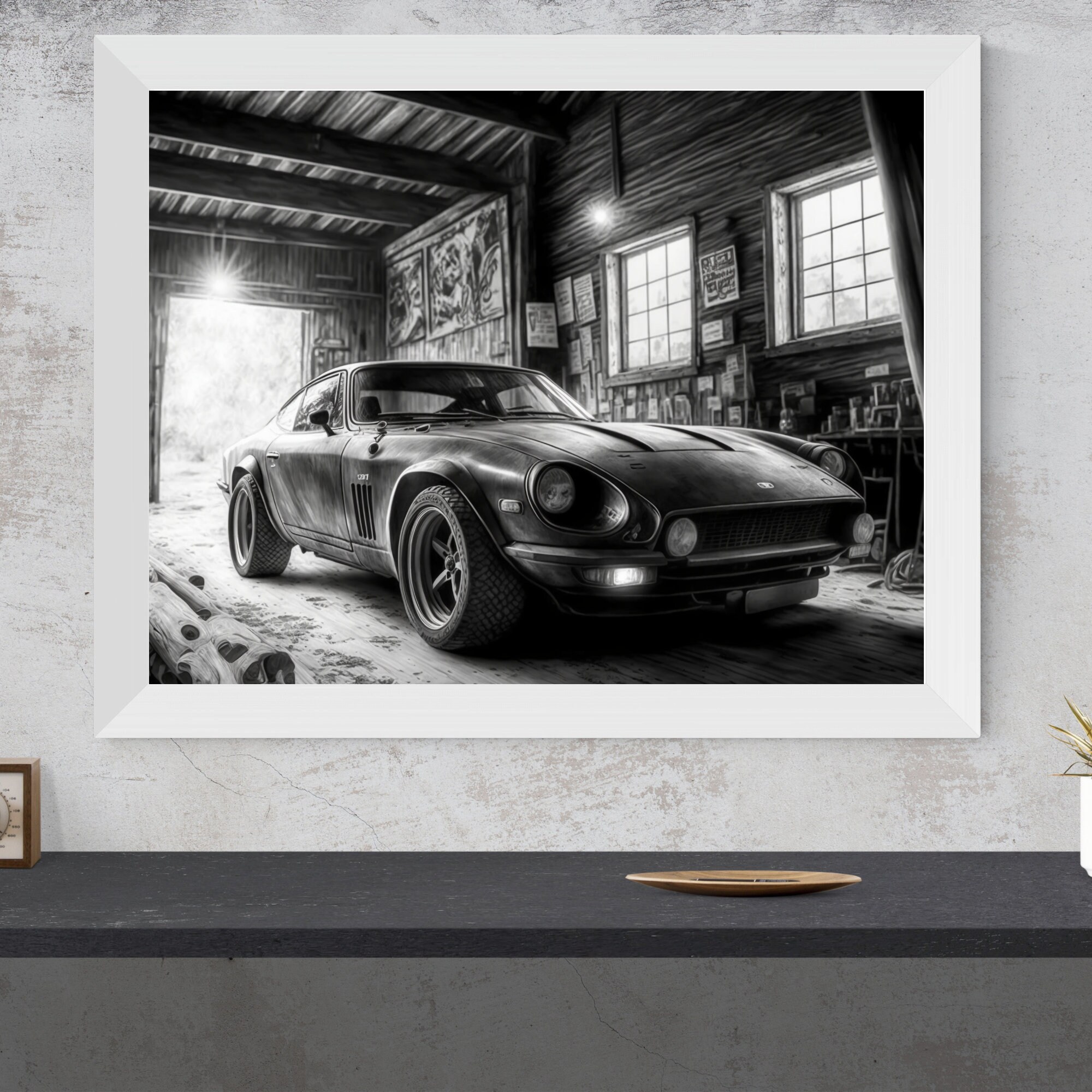 絵画 BLACK and White Classic Black and White Datsun 240z Poster Print, Original Wall