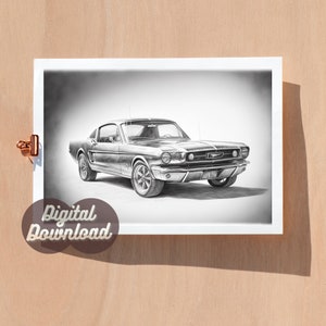 Retrato clásico de Ford Mustang de 1965 en blanco y negro, descarga digital de arte original del automóvil, regalo para amantes de los automóviles, moderno de mediados de siglo